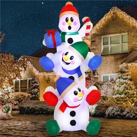 6 FT Christmas Inflatable Stacked Snowman with Build-in LEDs Blow